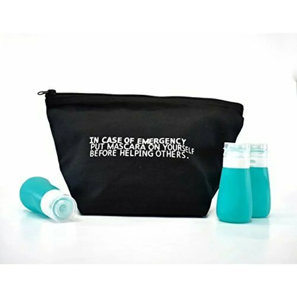 Chic Funny Makeup Bag Set Mascara Emergency w Travel Bottles Black Canvas NEW